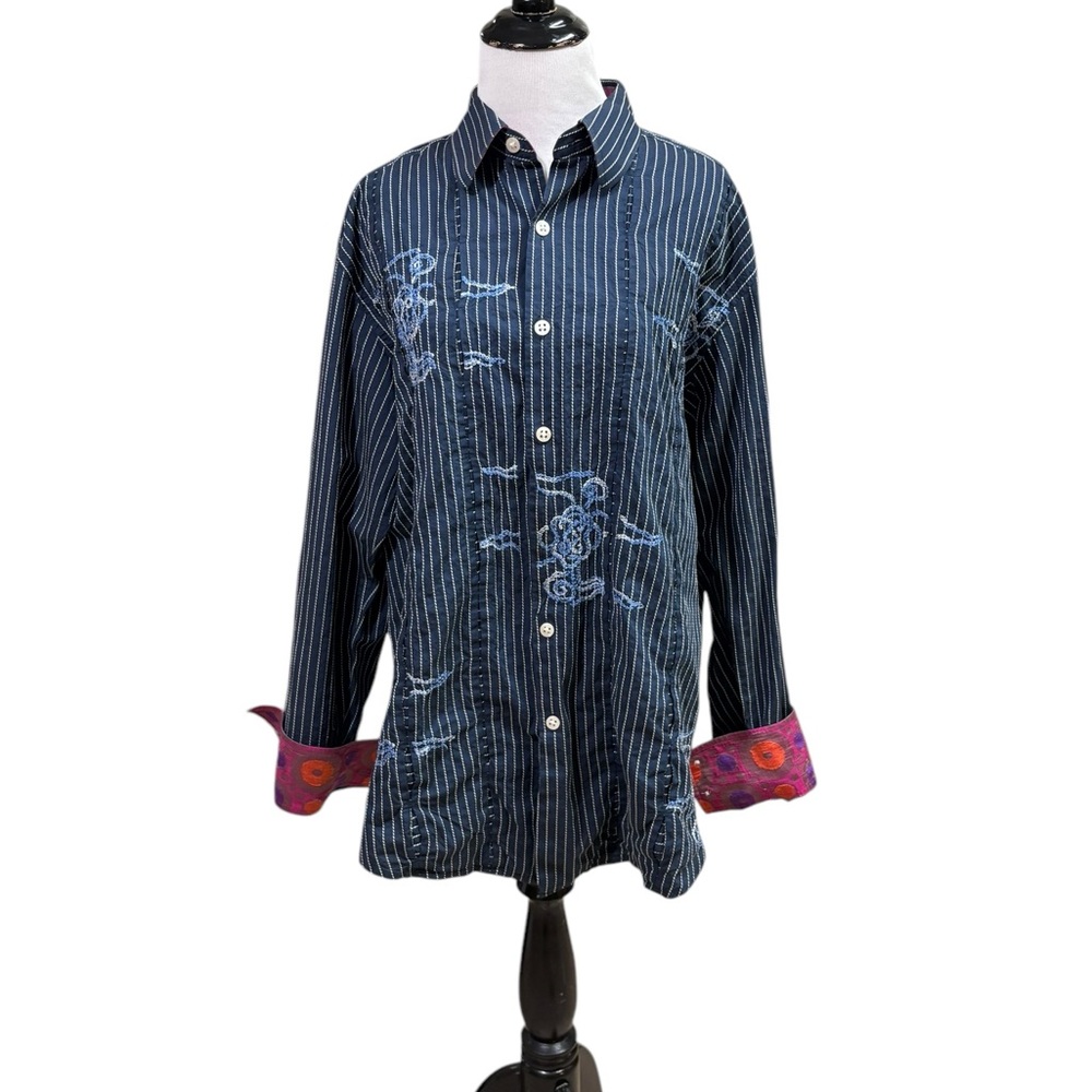 Robert Graham Men's L Large Button Down Shirt Striped Flip Cuffs Embroidered